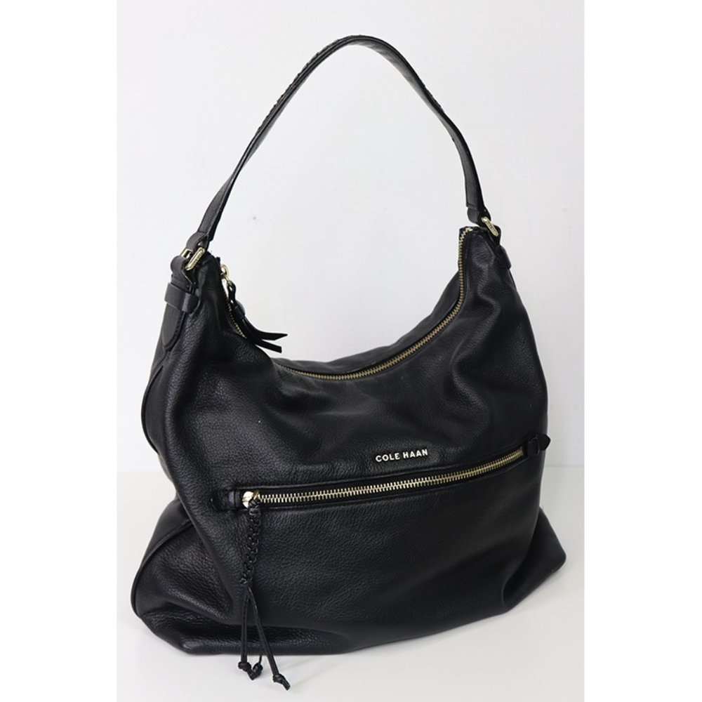 Cole Haan Genuine Leather Shoulder Bag Slouch Mid Size Hobo Purse Black Gold OS